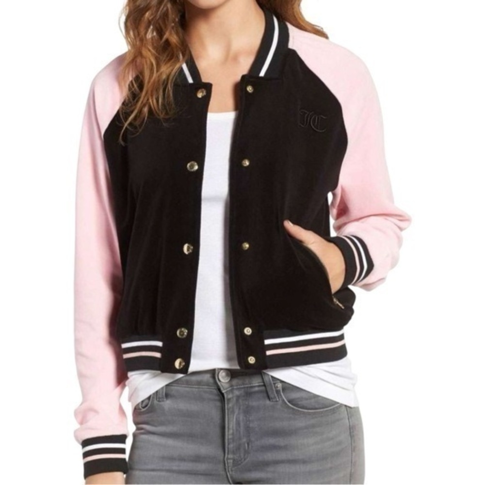 Juicy Couture Black Label Vintage Size S Black Pink Velour Snap Up Velour Jacket